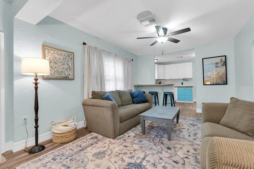 A living room features a sofa, area rug, floor lamp, and an open kitchen view — 2925 PARK STREET N, ST PETERSBURG, FL