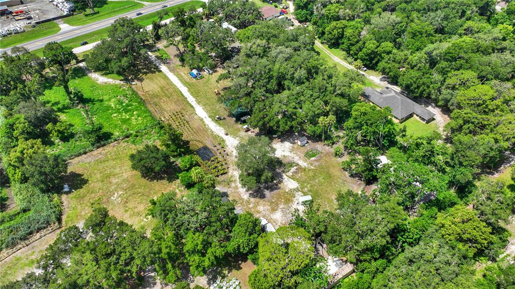 An aerial view shows a large, wooded lot with a house, outbuildings, and a driveway — 9922 ROCKHILL ROAD, THONOTOSASSA, FL
