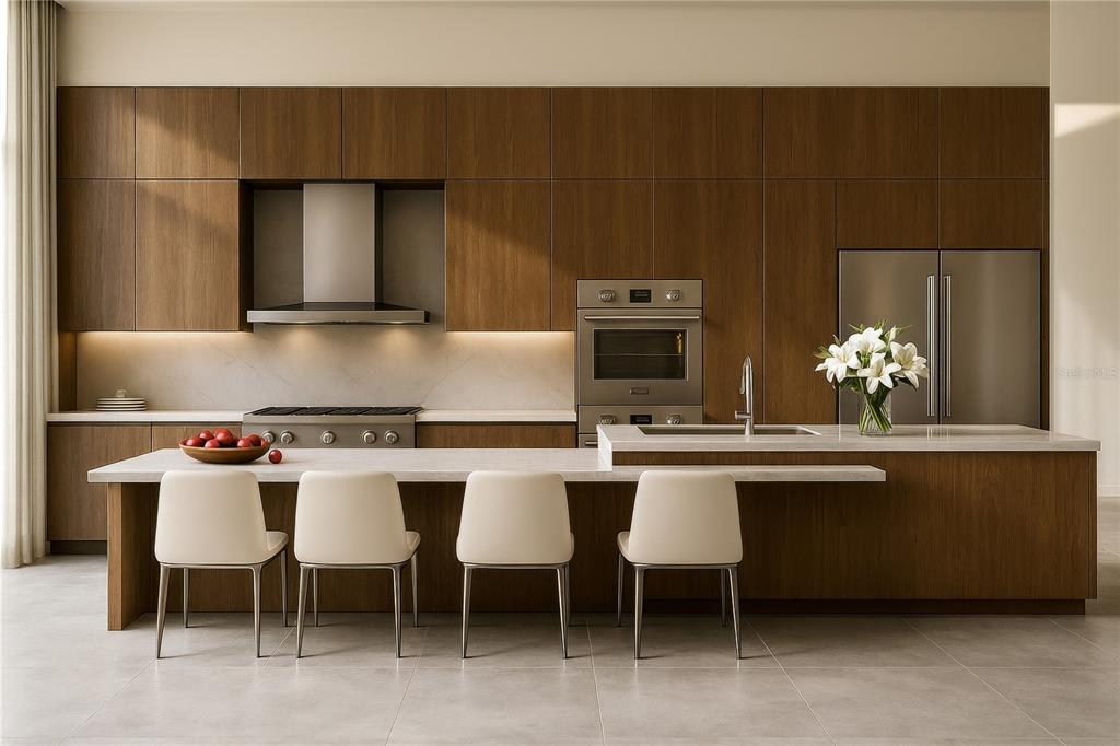 This is a rendering of a modern kitchen with wood cabinetry and a large island — 1305 4TH STREET UNIT 502E, SARASOTA, FL