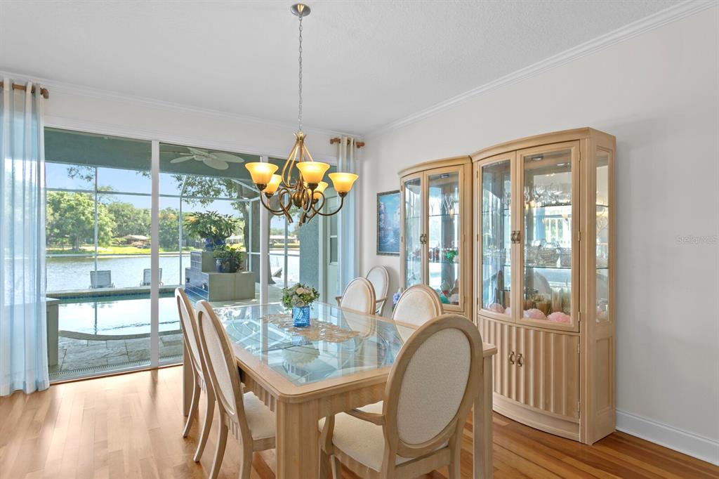 A dining room with a glass table, light wood furniture, and a view of a pool — 13548 LAKE MAGDALENE DRIVE, TAMPA, FL