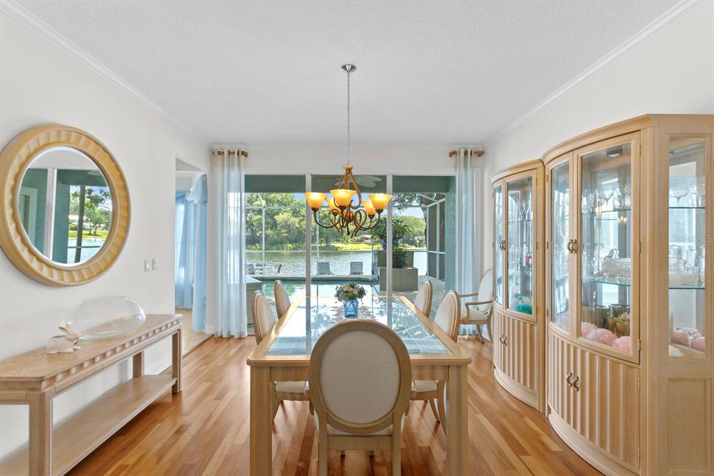 A dining room features a glass-top table, light wood furniture, and a view of a pool — 13548 LAKE MAGDALENE DRIVE, TAMPA, FL