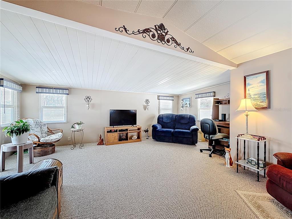 A living room features a vaulted white ceiling, carpeted floors, and a blue loveseat — 1040 MAIN STREET UNIT 162, DUNEDIN, FL