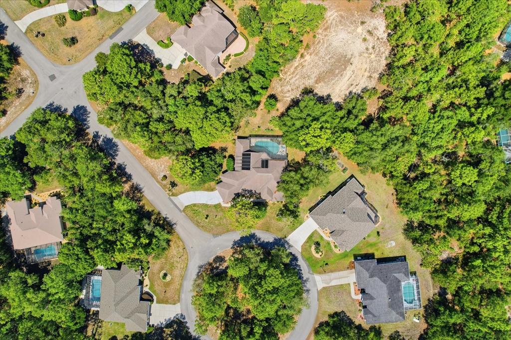 An aerial view shows several houses with swimming pools situated in a wooded residential neighborhood — 3 PORTULACA COURT N, HOMOSASSA, FL