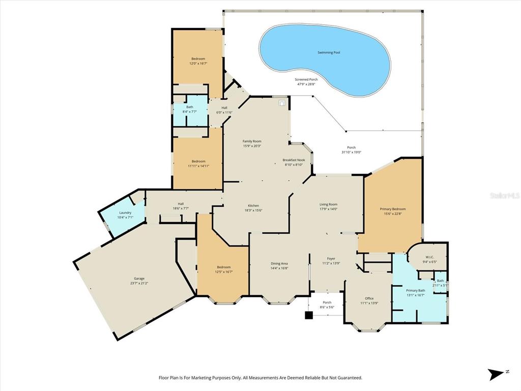 This is a floor plan of a house featuring a swimming pool and a garage — 3 PORTULACA COURT N, HOMOSASSA, FL