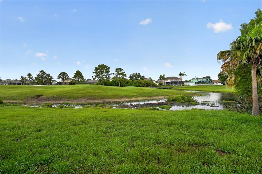 A grassy backyard overlooks a small pond and a golf course with distant houses — 13126 PRESTWICK DRIVE, RIVERVIEW, FL