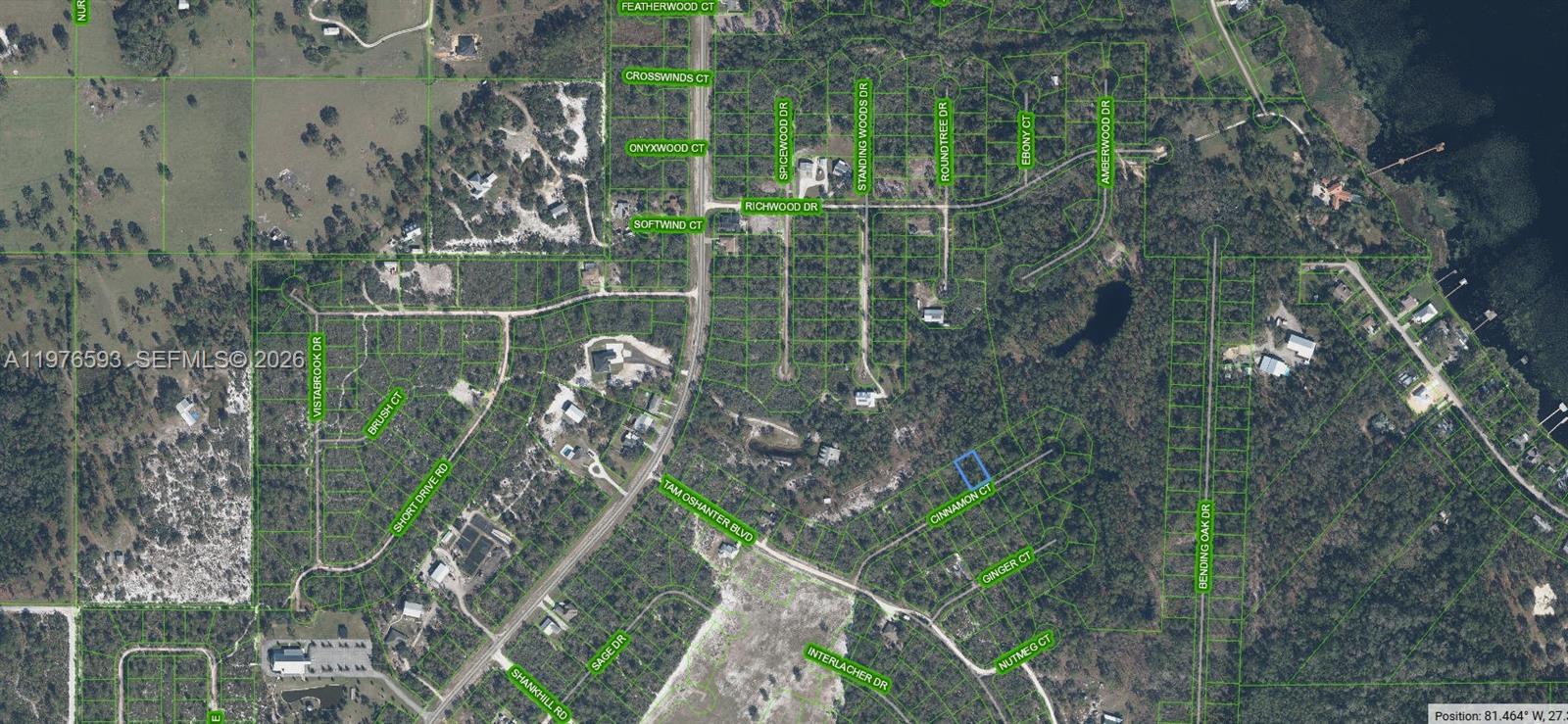 This is an aerial map showing residential lots and streets in a wooded area — 2850 Cinnamon Court, Sebring FL 33875, SEBRING, FL