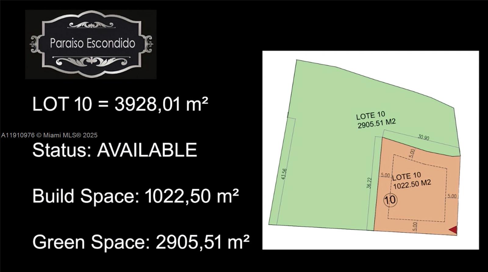 This image is a map showing the total area, build space, and green space dimensions — Vereda Mampuesto Sector Garrido #10, C Colombia, C