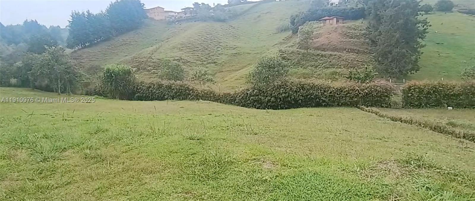 A grassy field stretches toward a rolling, tree-lined hillside with a small house in the distance — Vereda Mampuesto Sector Garrido #10, C Colombia, C