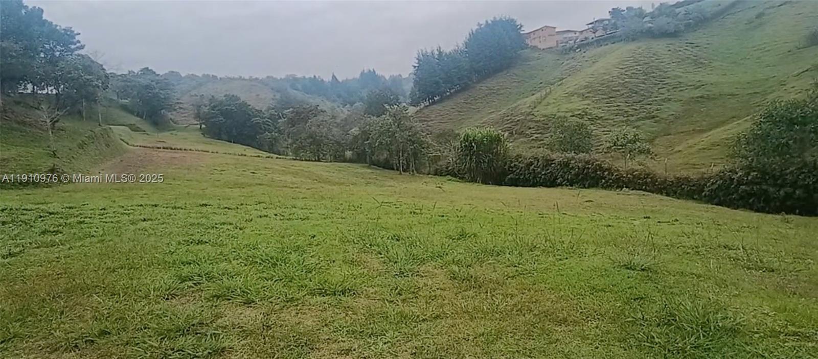 A wide, grassy field slopes upward toward a distant hillside with trees and buildings — Vereda Mampuesto Sector Garrido #10, C Colombia, C