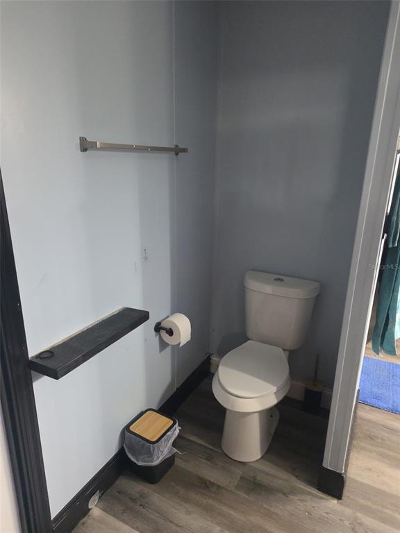 A small bathroom features a white toilet, light blue walls, and dark wood-look flooring — 3303 TURNBULL ROAD, MIMS, FL