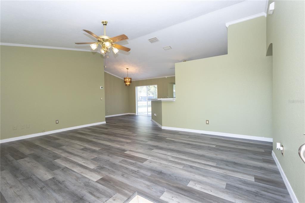 An open-concept living area features light green walls, wood-look flooring, and a ceiling fan — 25324 LYCHEE COURT, PUNTA GORDA, FL