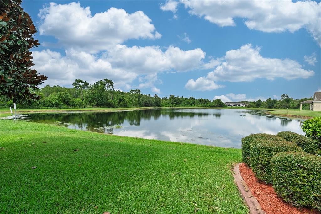 A grassy lawn leads to a pond surrounded by trees under a partly cloudy sky — 14001 FAIRWINDS COURT, ORLANDO, FL