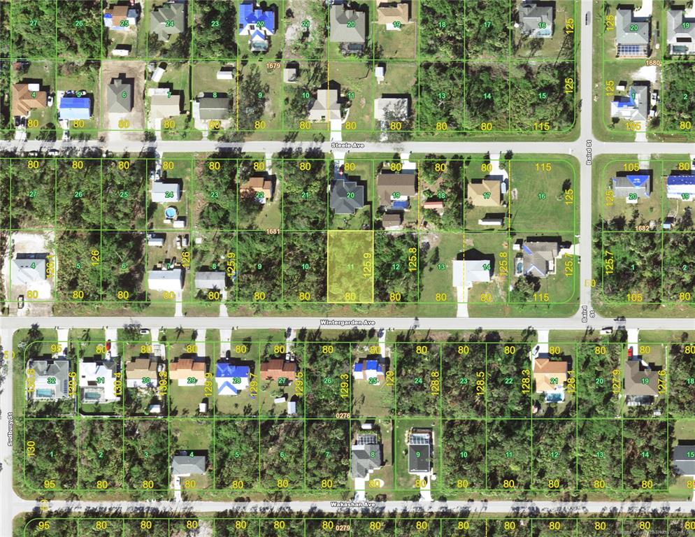 This is an aerial map showing residential lots and streets in a suburban neighborhood — 18122 WINTERGARDEN (LOT 11) AVENUE, PORT CHARLOTTE, FL