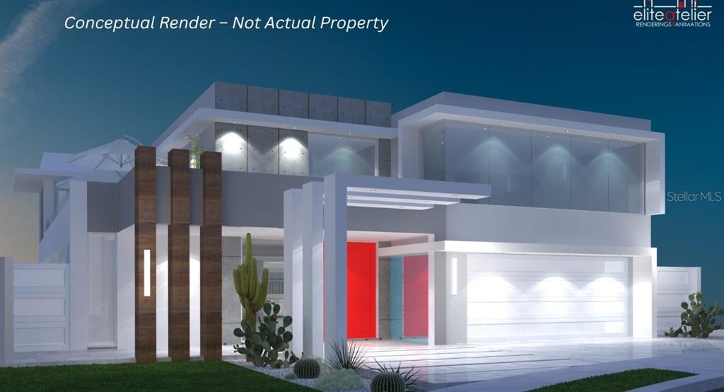 A digital rendering of a modern two-story house featuring a red door and garage — 1507 MARBELLA STREET, CAROLINA, PR