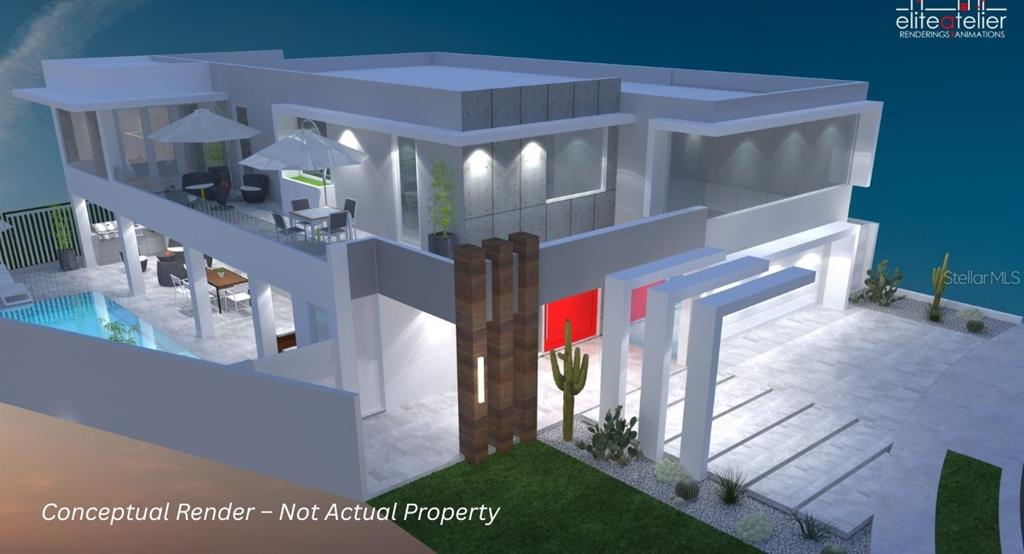 A conceptual architectural rendering of a modern two-story house with a pool and patio — 1507 MARBELLA STREET, CAROLINA, PR