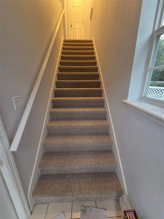 A straight carpeted staircase leads to a closed door at the top of the landing — 930 SPRING PARK LOOP UNIT B, KISSIMMEE, FL
