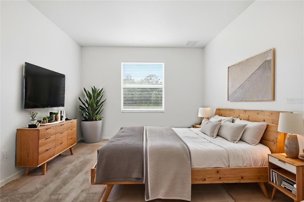 A bedroom features a wooden bed frame, a dresser, a window, and a potted plant — 20506 CAROLINA CHERRY COURT, TAMPA, FL