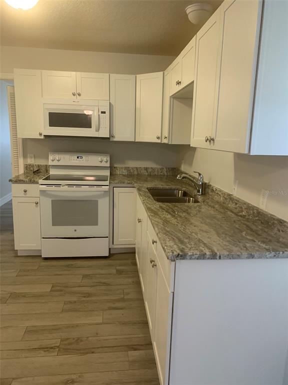 A kitchen with white cabinets, granite countertops, and light wood-look flooring — 11452 OCEANSPRAY AVENUE, ENGLEWOOD, FL