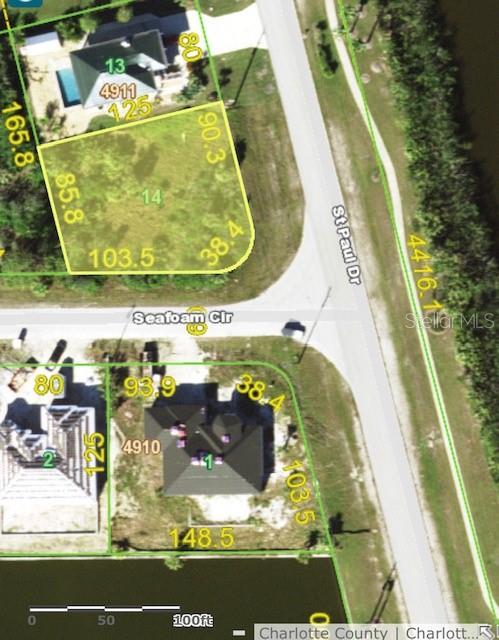 This aerial map shows two residential lots located at the intersection of two streets — 15645 SEAFOAM CIRCLE, PORT CHARLOTTE, FL