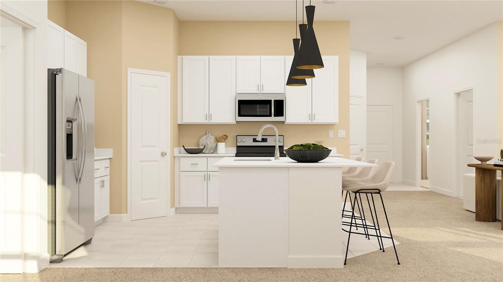 This is a rendering of a modern kitchen with white cabinets, stainless appliances, and an island — 13002 PINK SAND COURT UNIT 102, VENICE, FL