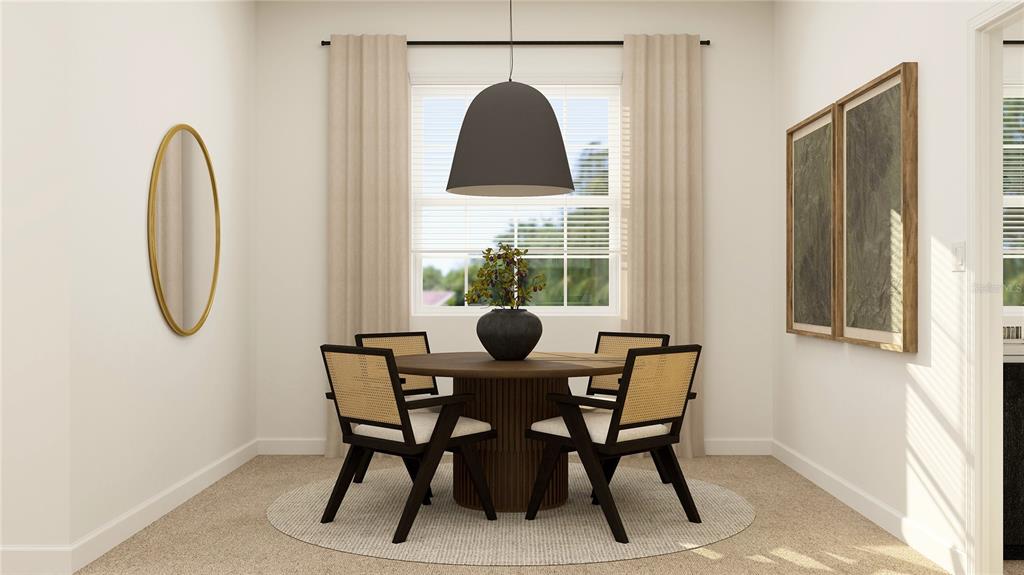 This rendering shows a dining room with a round table, four chairs, and a pendant light — 13002 PINK SAND COURT UNIT 102, VENICE, FL