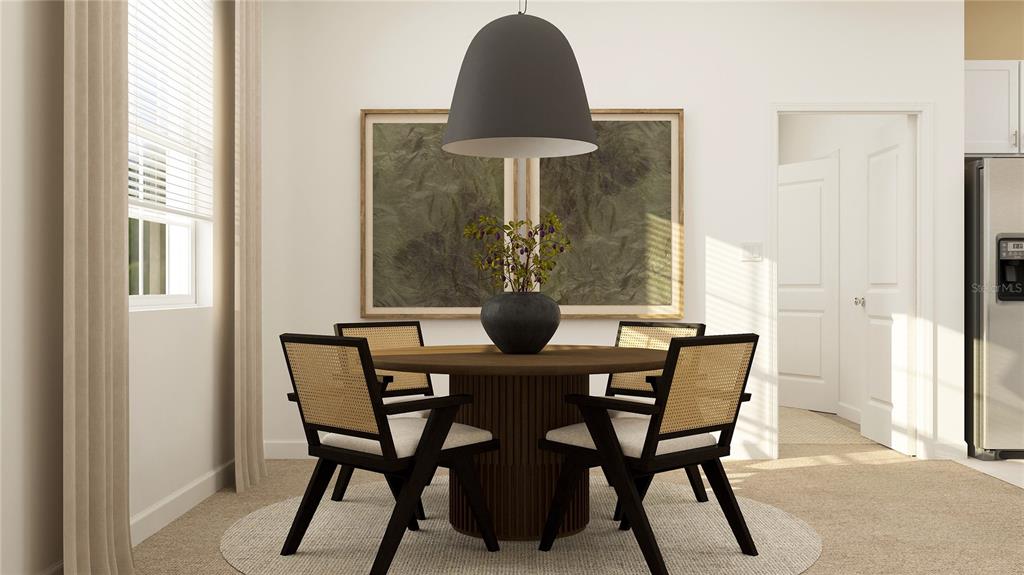This is a rendering of a dining area featuring a round table and four cane chairs — 13002 PINK SAND COURT UNIT 102, VENICE, FL