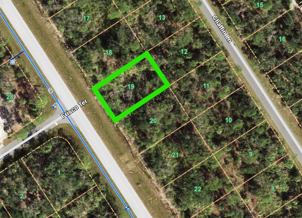 This is an aerial map showing a highlighted vacant lot labeled 19 near a road — 1708 BISCAYNE DRIVE, PORT CHARLOTTE, FL