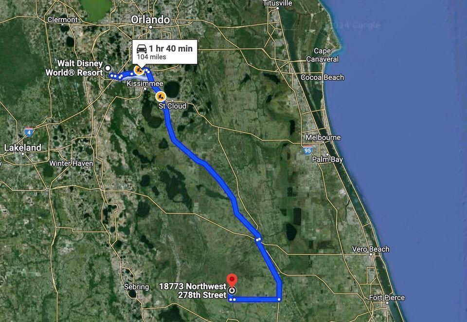 This map shows a driving route from the Orlando area to a specific location — 18773 NW 278th Street, Okeechobee FL 34972, OKEECHOBEE, FL