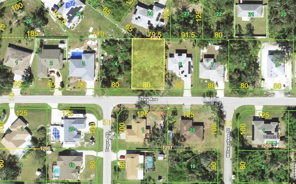 This is an aerial map showing residential lots and houses along Gray Avenue — 23072 GRAY AVENUE, PORT CHARLOTTE, FL