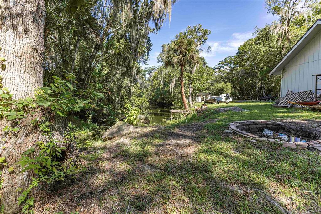 A grassy backyard features a fire pit, a large tree, and a view of water — 2886 N C 470, LAKE PANASOFFKEE, FL