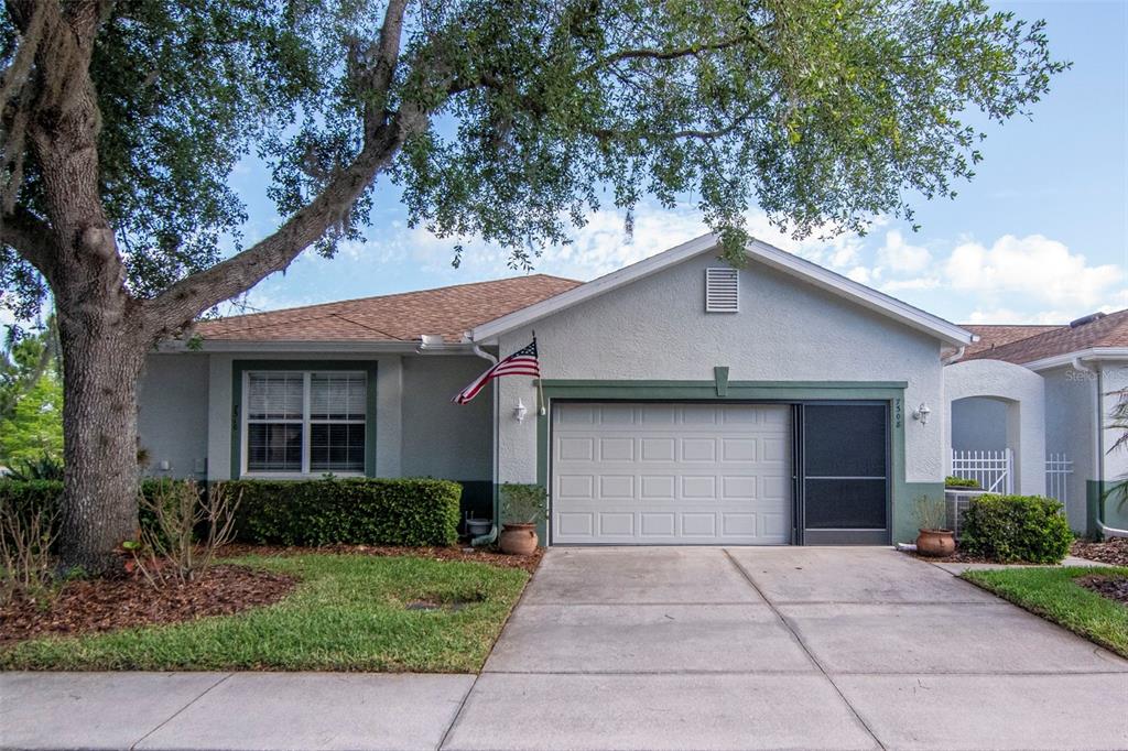 A single-story house with a concrete driveway, a garage, and a large tree in front — 7308 CLEOPATRA DRIVE, LAND O LAKES, FL