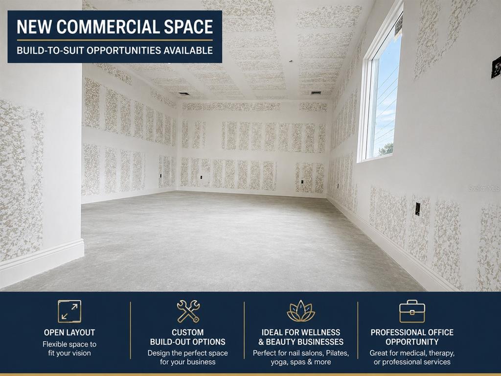 An empty commercial room features white walls with decorative textured panels and a large window — 990 ANVIL CIRCLE, LABELLE, FL
