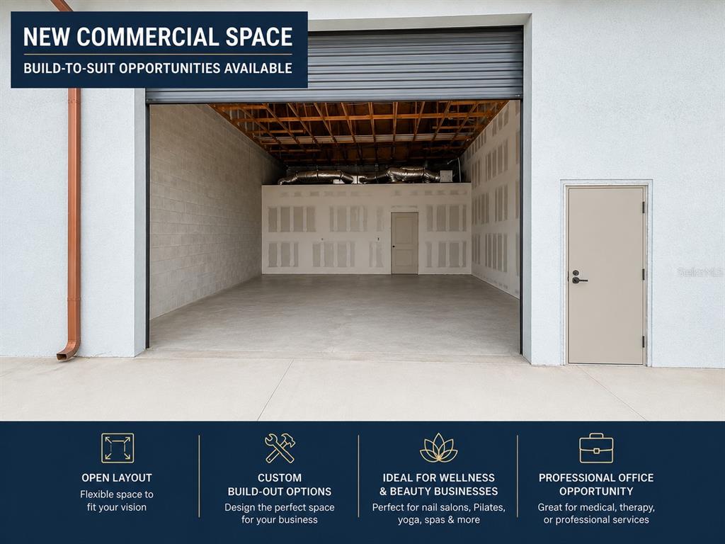 An empty commercial space features a concrete floor, exposed ceiling joists, and a metal roll-up door — 990 ANVIL CIRCLE, LABELLE, FL