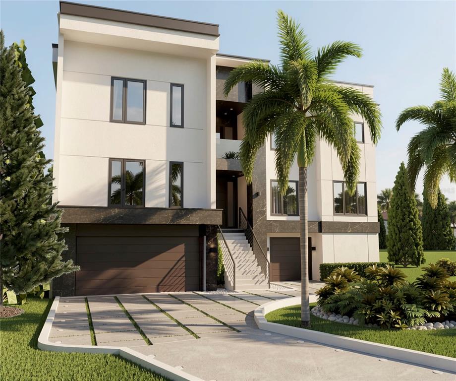 This is a rendering of a modern three-story home with a two-car garage and palm trees — 530 LUCERNE AVENUE, TAMPA, FL