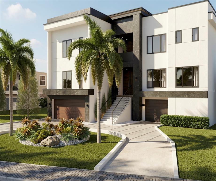A rendering of a modern three-story house with two garages and a front staircase — 530 LUCERNE AVENUE, TAMPA, FL