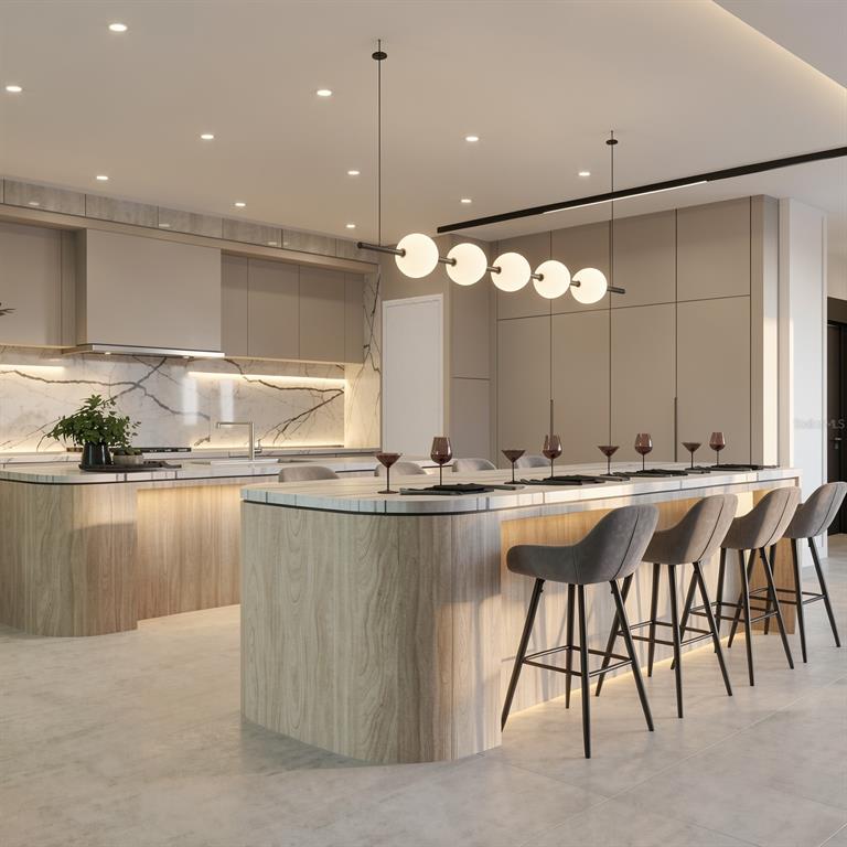 This rendering shows a modern kitchen with a curved wood island, marble countertops, and stools — 530 LUCERNE AVENUE, TAMPA, FL
