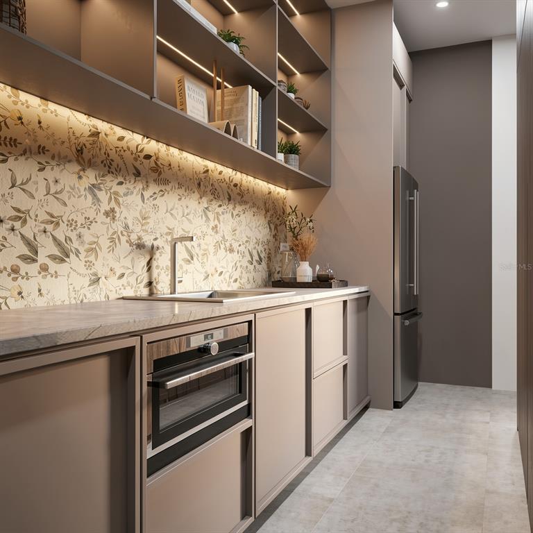 This rendering shows a modern kitchen with floral wallpaper, open shelving, and integrated appliances — 530 LUCERNE AVENUE, TAMPA, FL