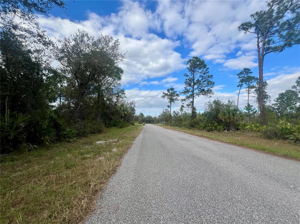 A paved road stretches forward through a wooded area under a blue, cloudy sky — 1131 BOWMAN TERRACE, PORT CHARLOTTE, FL