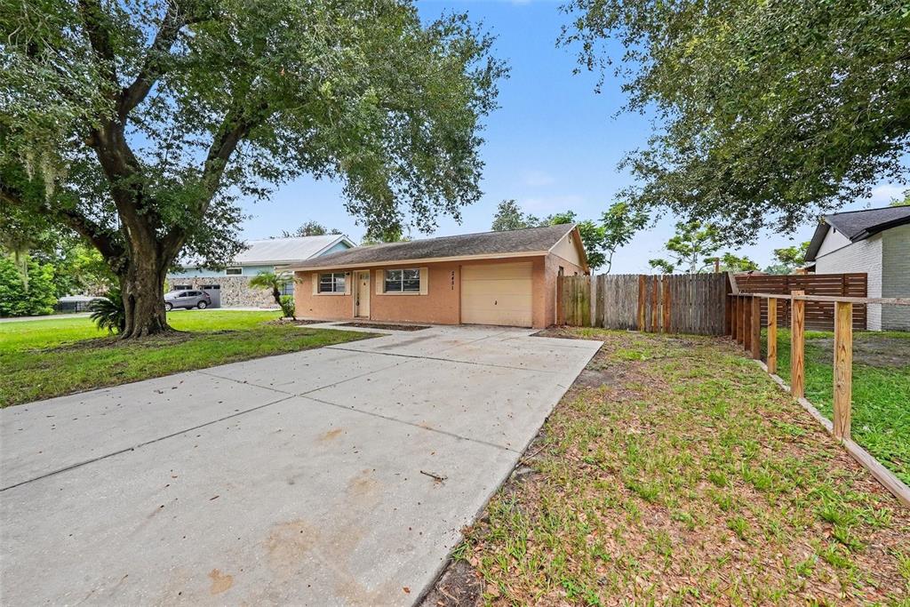 A single-story house with a concrete driveway, a garage, and a large tree in front — 2451 GLENVIEW DRIVE, LAND O LAKES, FL