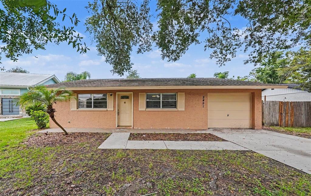 A single-story peach-colored house with a front-facing garage, a concrete driveway, and a palm tree — 2451 GLENVIEW DRIVE, LAND O LAKES, FL