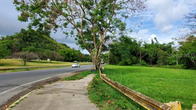 A paved sidewalk runs alongside a road with a grassy field and trees nearby — PR-22 INT PR-866, BAYAMON, PR