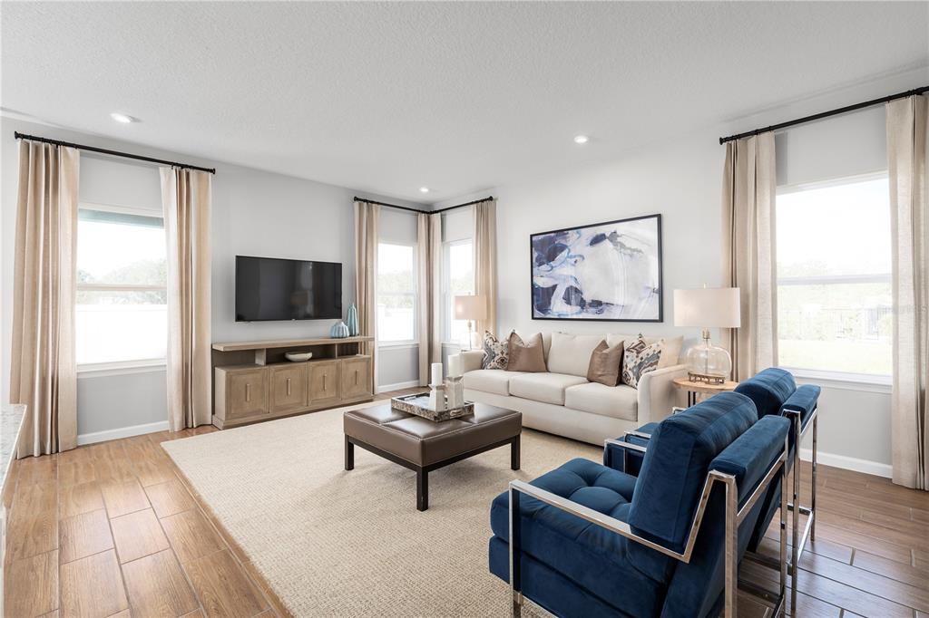 A living room features a blue sofa, a beige sofa, a television, and wood-look flooring — 2207 GREAT EGRET CIRCLE, OCOEE, FL