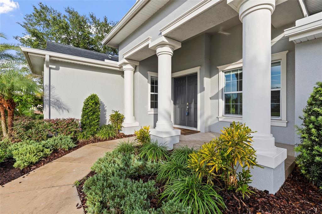 A paved walkway leads to the front entrance of a house with white columns — 20454 LACE CASCADE RD, LAND O LAKES, FL