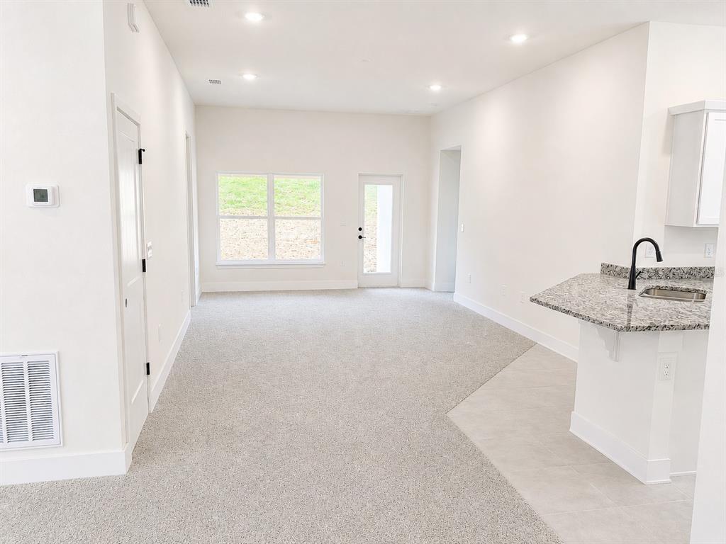A living area with carpeted flooring, a window, a glass door, and an adjacent kitchen — 1639 ANN ROSE WAY, LEESBURG, FL