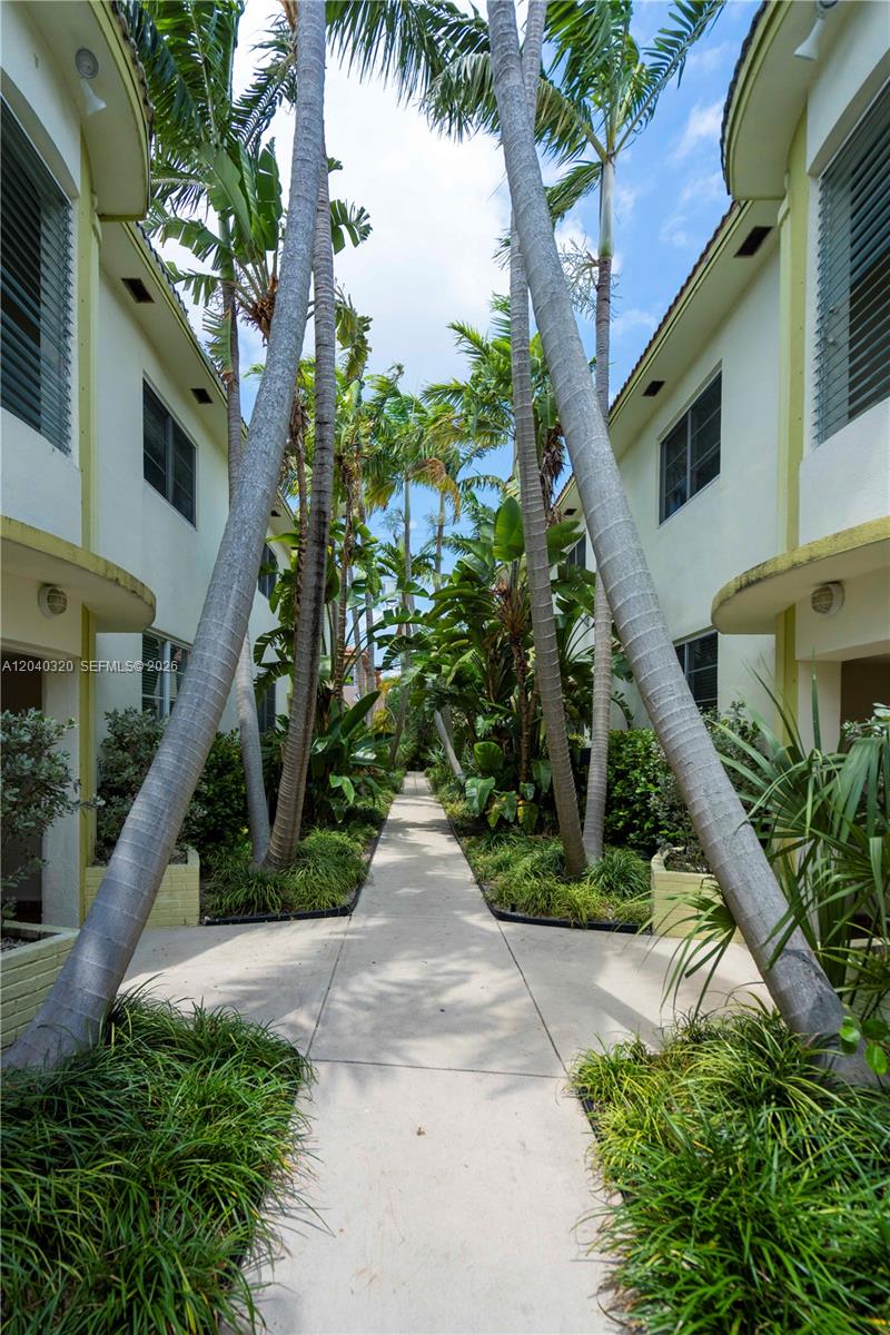 A concrete walkway leads between two residential buildings lined with tall palm trees and landscaping — 1007 Bay Dr # 104, Miami Beach FL 33141, MIAMI BEACH, FL
