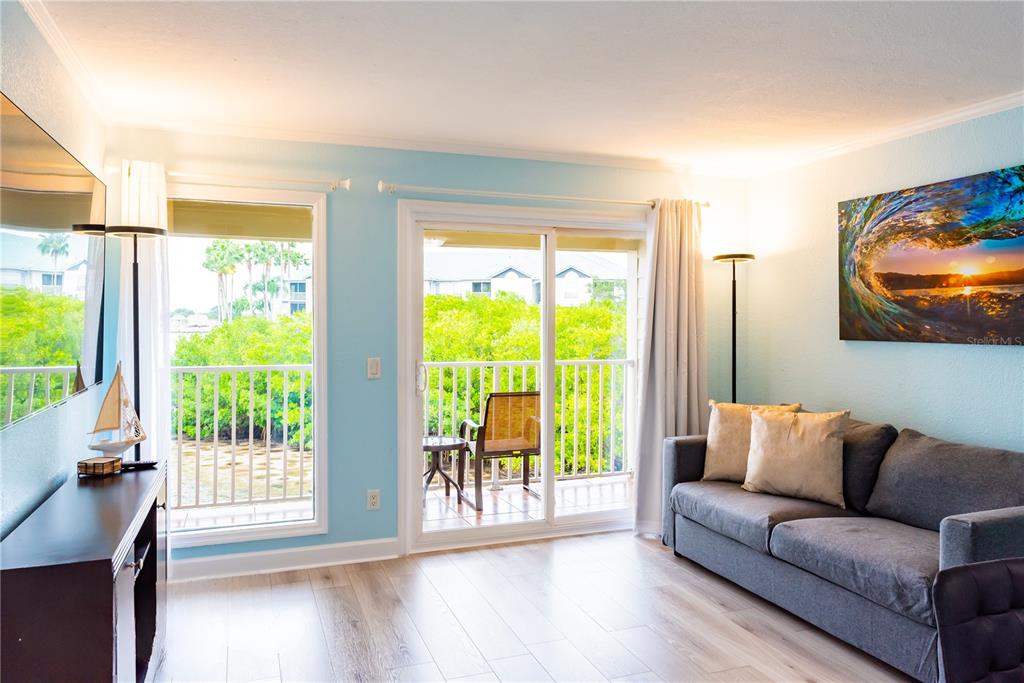A living room features light blue walls, wood-look flooring, a grey sofa, and a balcony — 2506 N ROCKY POINT DRIVE UNIT 275, TAMPA, FL