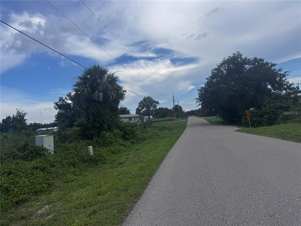 A paved road stretches into the distance past grassy shoulders, trees, and utility poles — 100 DAHOON BOULEVARD, PUNTA GORDA, FL