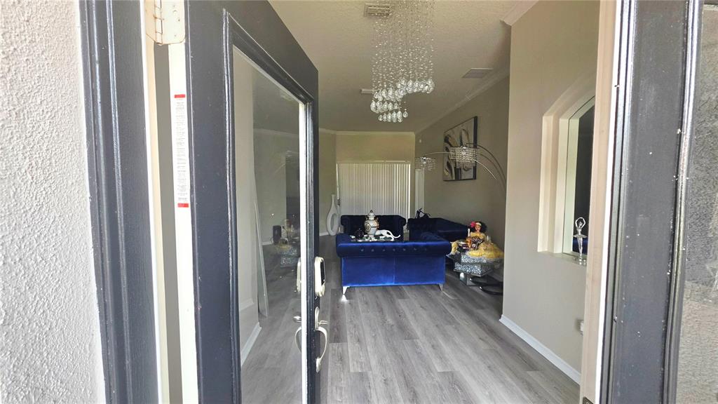 A view through an open front door reveals a living room with blue velvet furniture — 4205 MAST COURT, LAND O LAKES, FL
