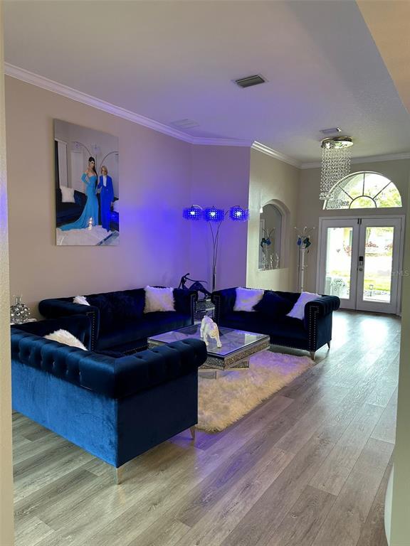 A living room features dark blue tufted sofas, a glass coffee table, and a large portrait — 4205 MAST COURT, LAND O LAKES, FL