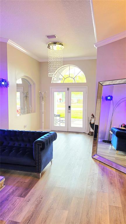 A bright entryway features a blue tufted sofa, a crystal chandelier, and a large mirror — 4205 MAST COURT, LAND O LAKES, FL